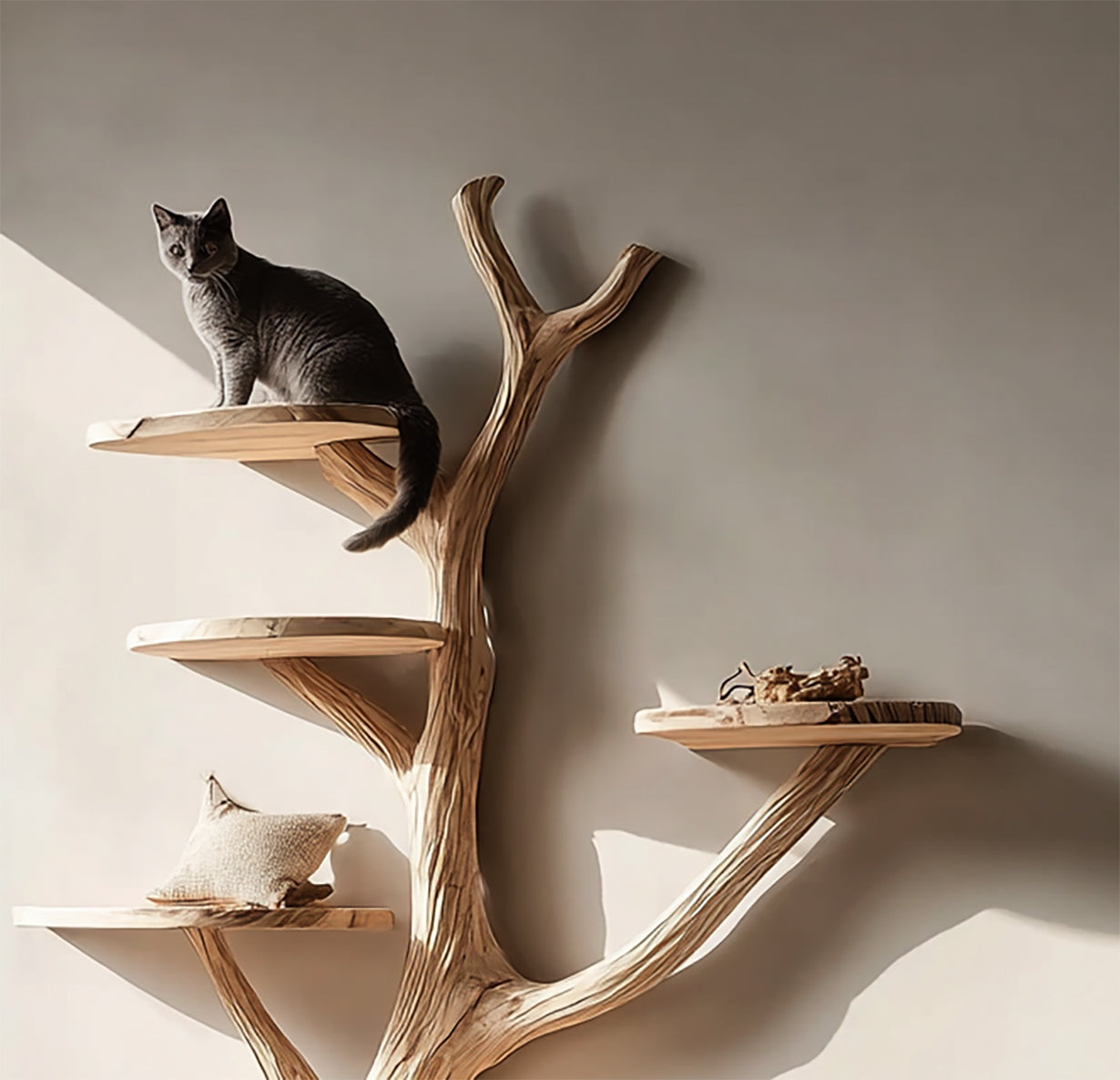 Handmade Wooden Cat Tree Tower – Solid Wood Multi-Level Rustic Cat Furniture