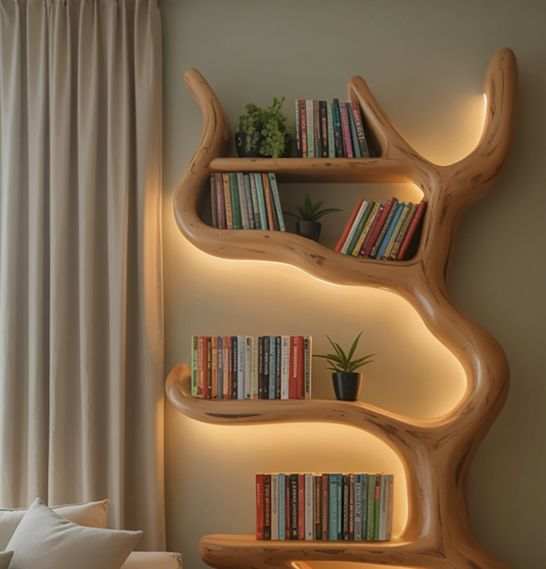 Rustic Live Edge Wooden Tree Bookshelf – Custom Wall Mounted Floating Shelf