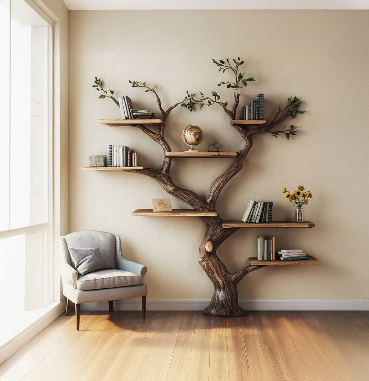 Rustic Tree Shaped Bookshelf – Nature Inspired Wooden Wall Bookcase