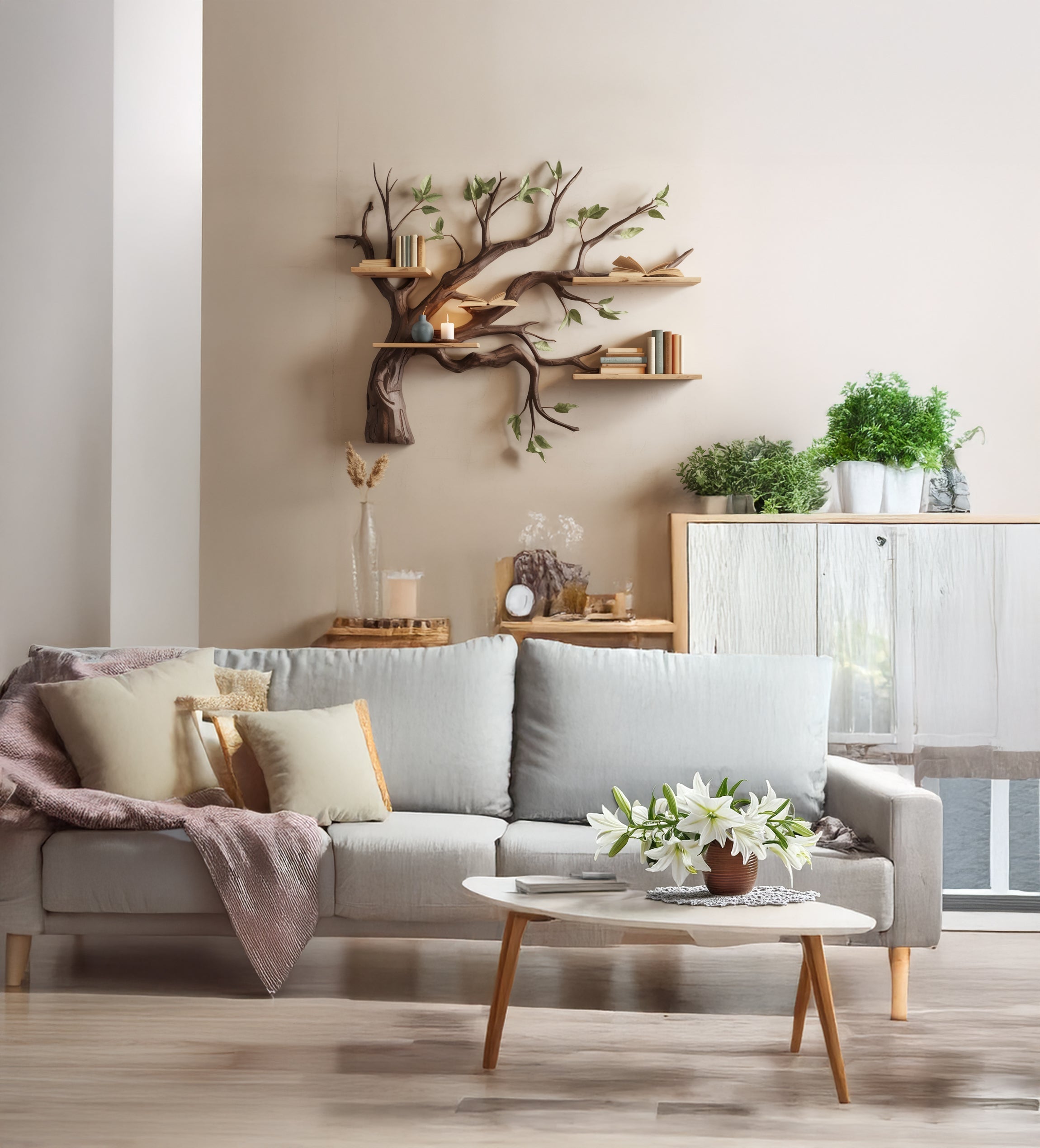 Rustic Corner Floating Bookshelf – Live Edge Driftwood Branch Wall Décor