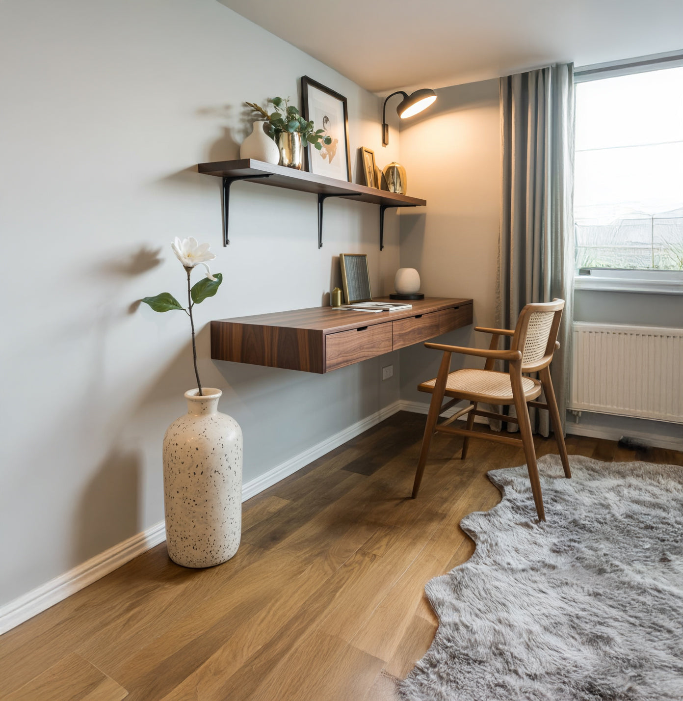 Modern Floating Wooden Wall Desk with Storage Drawers – Minimalist Home Office