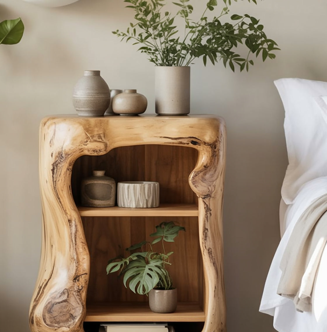 Live Edge Wood Nightstand – Handmade Natural Wood Bedside Table with Shelves