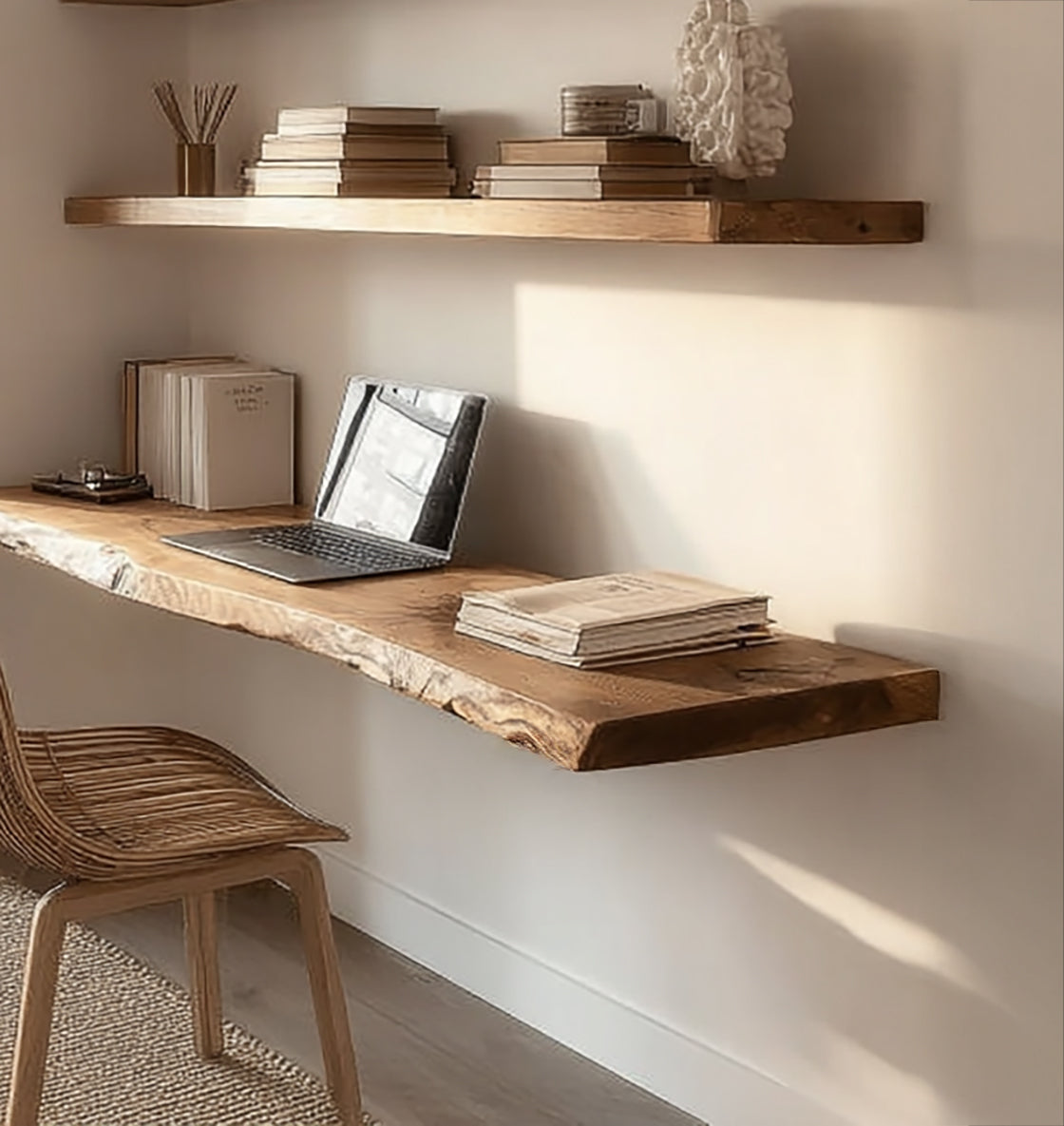 Minimalist home office with floating wooden desk and shelf, laptop, books, and rattan chair