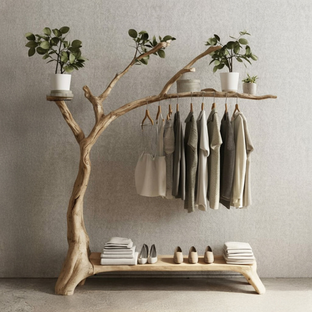 Live Edge Wooden Clothing Rack – Tree Branch Garment Stand with Storage Bench