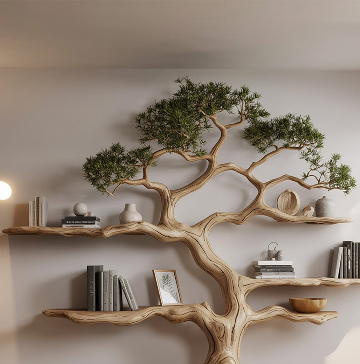 Wooden tree-shaped wall shelves with green foliage, books, vases, and decorative items in modern living room