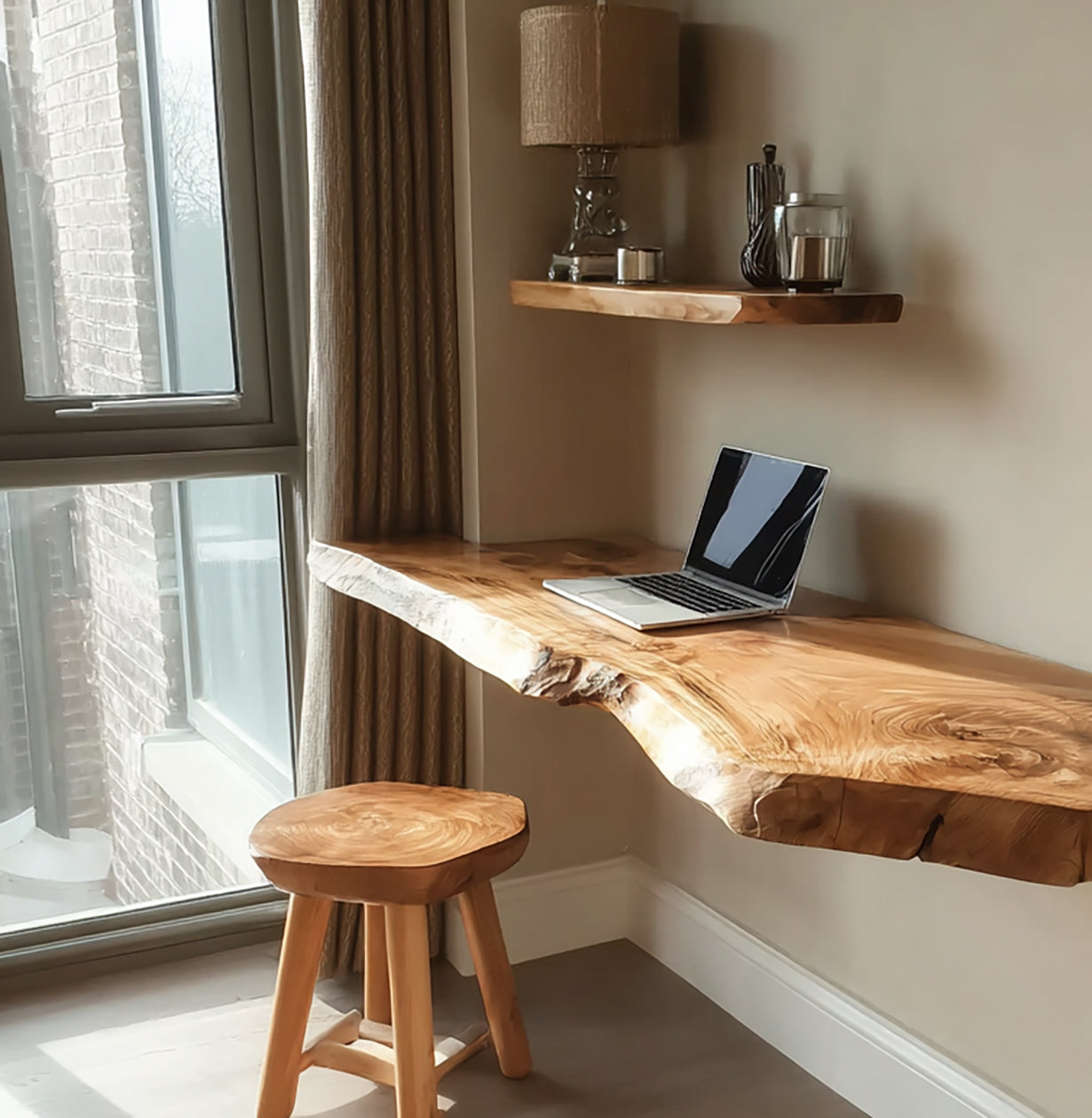 Handcrafted Floating Live Edge Wooden Desk – Solid Wood Wall-Mounted Home Office Desk