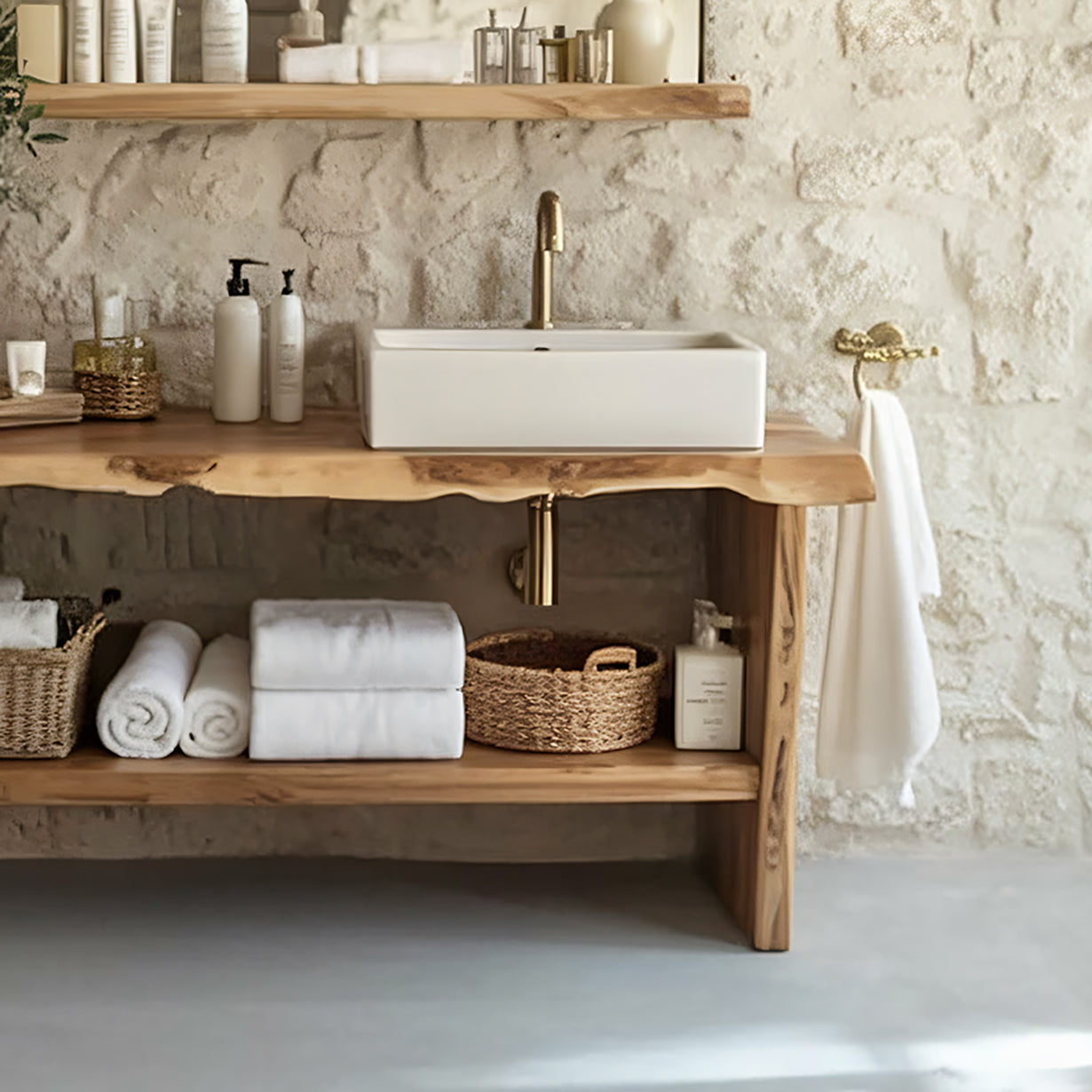 Rustic Solid Wood Bathroom Vanity with Live-Edge Countertop