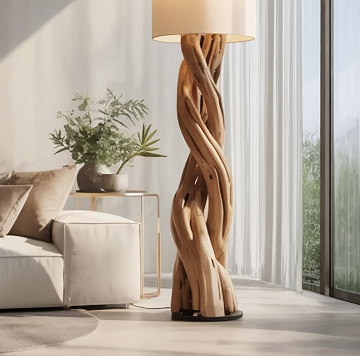 Modern Wooden Floor Lamp – Sculptural Twisted Design with Fabric Shade
