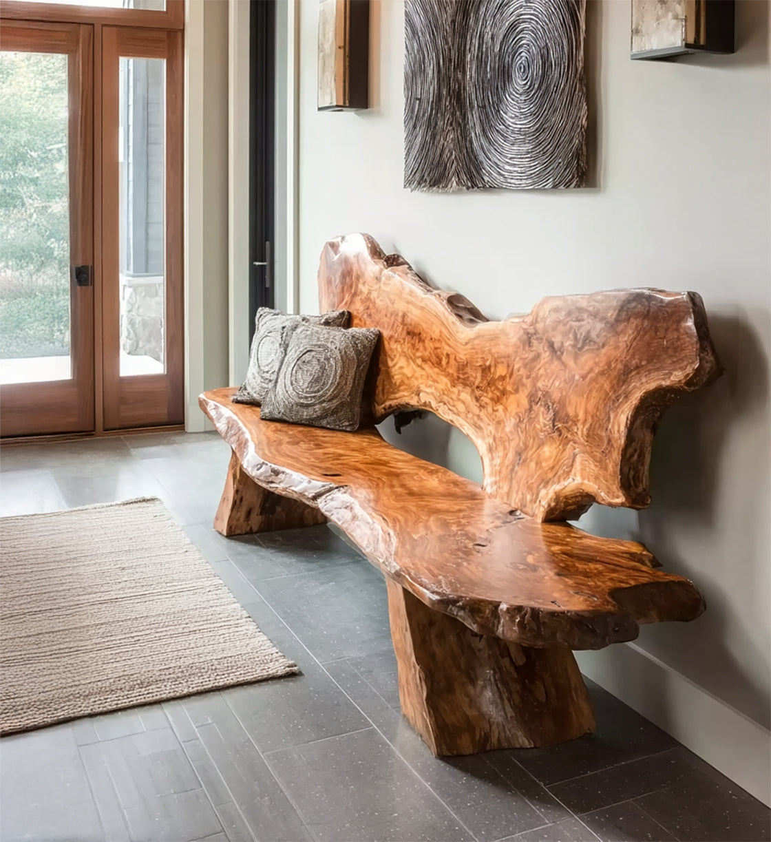 Handmade Live Edge Wooden Bench – Solid Natural Slab Seating with Backrest