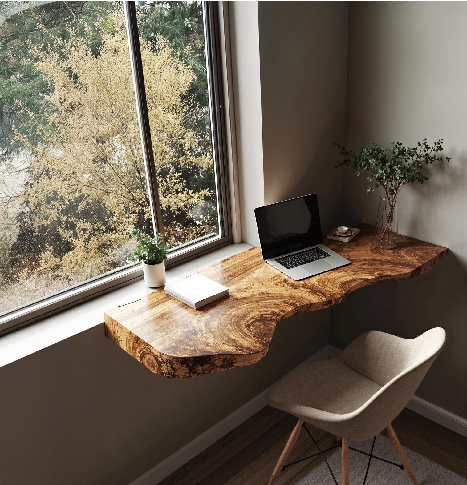 Handmade Floating Desk – Rustic Live Edge Shelf, Farmhouse Wall-Mounted Bracket Desk