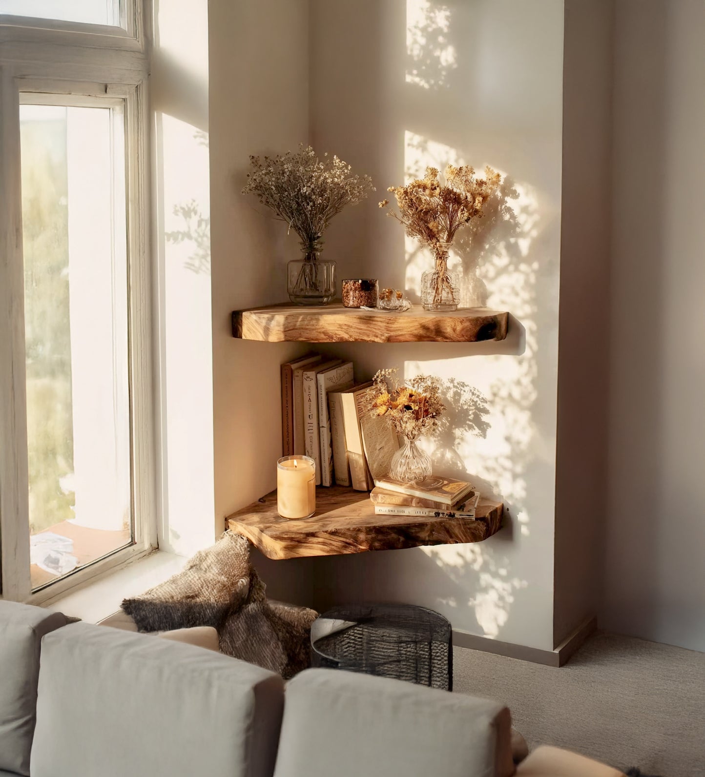 Farmhouse Floating Corner Shelf – Live Edge Wall Shelf, Rustic Walnut Bookshelves