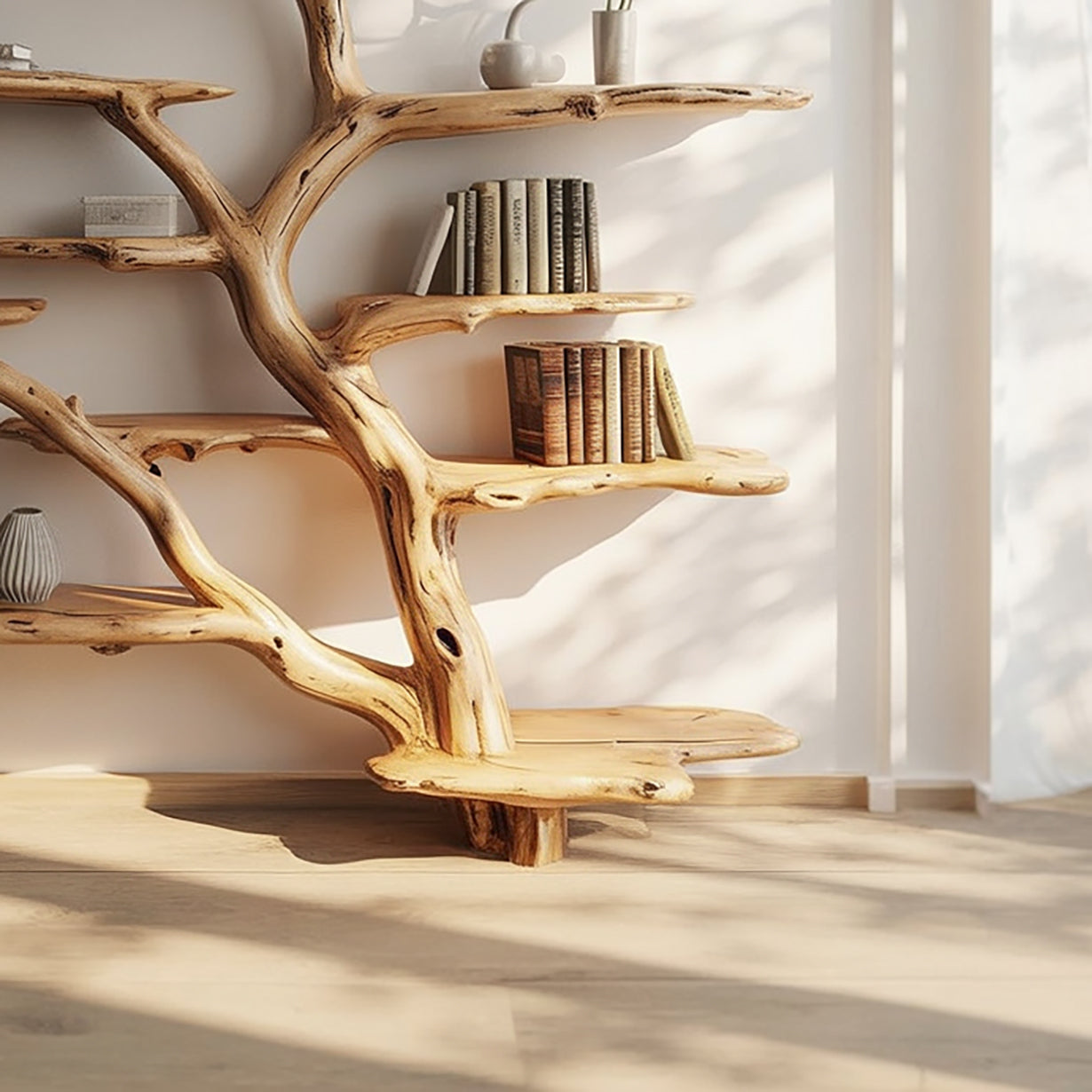 Handmade Tree Bookshelf – Live Edge Wooden Bookcase, Rustic Natural Wood Wall Decor