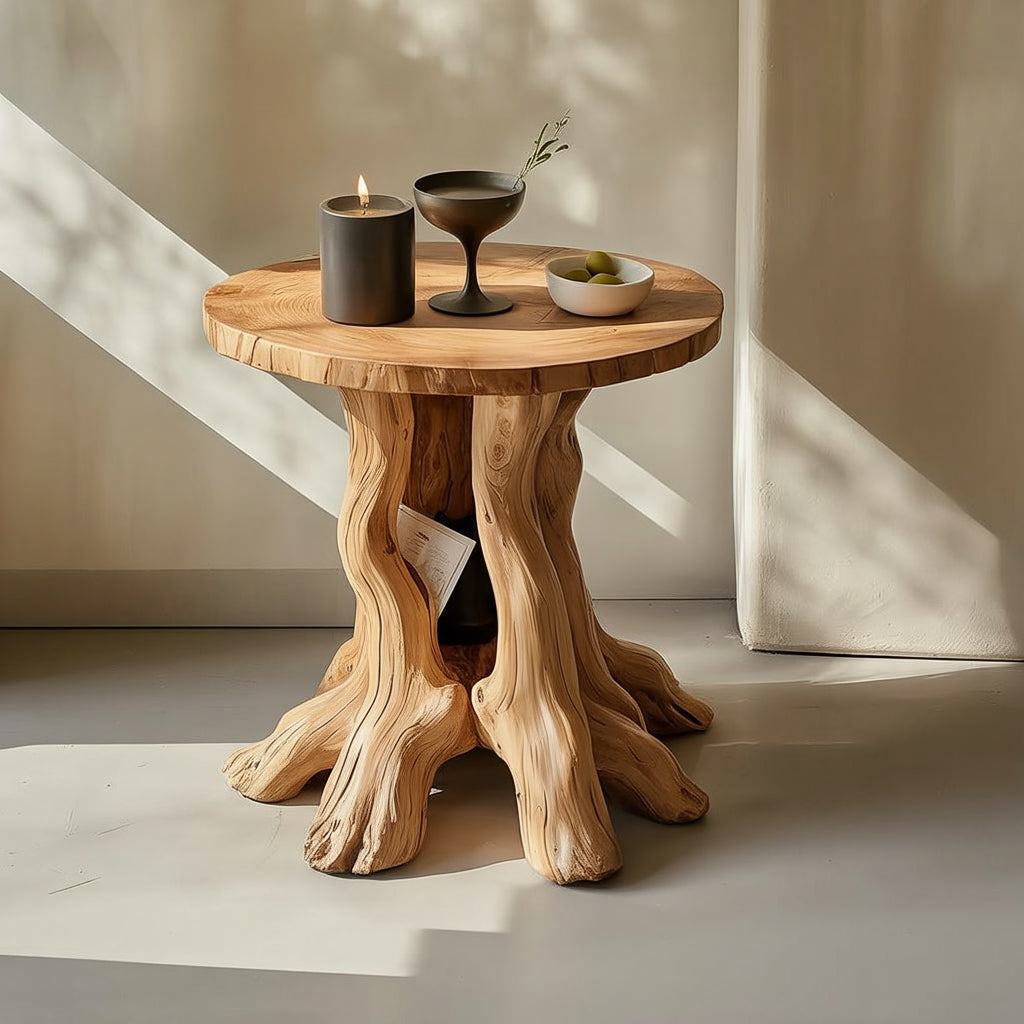 Handcrafted Solid Wood End Table with Sculptural Tree-Root Base – Accent Side Table