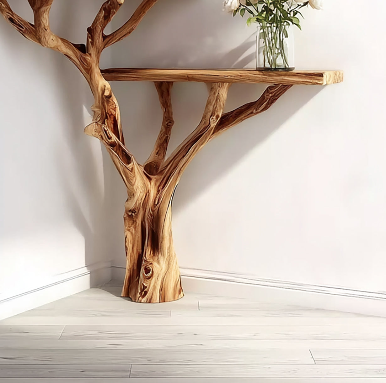 Corner Floating Console Table – Tree Branch Driftwood Entryway Stand