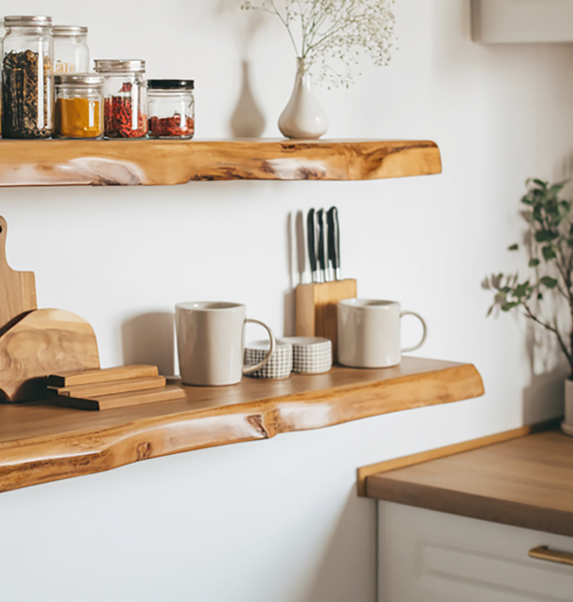 Live Edge Floating Kitchen Shelf – Solid Wood Wall-Mounted Storage