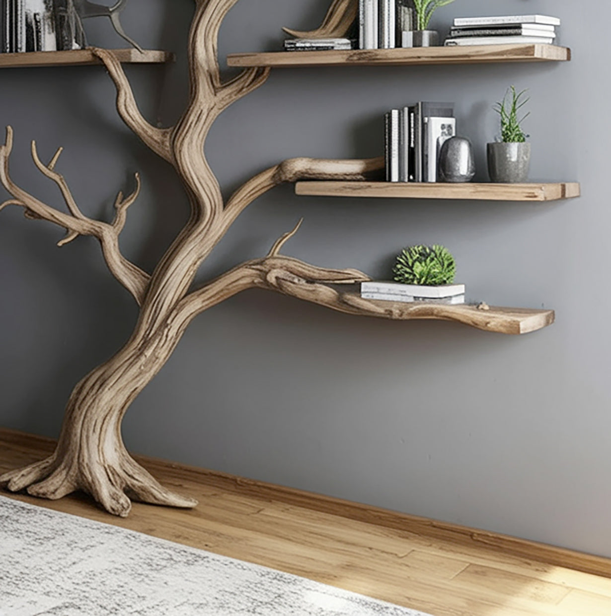 Tree Branch Wall Shelf – Artistic Wooden Bookshelf for Living Room