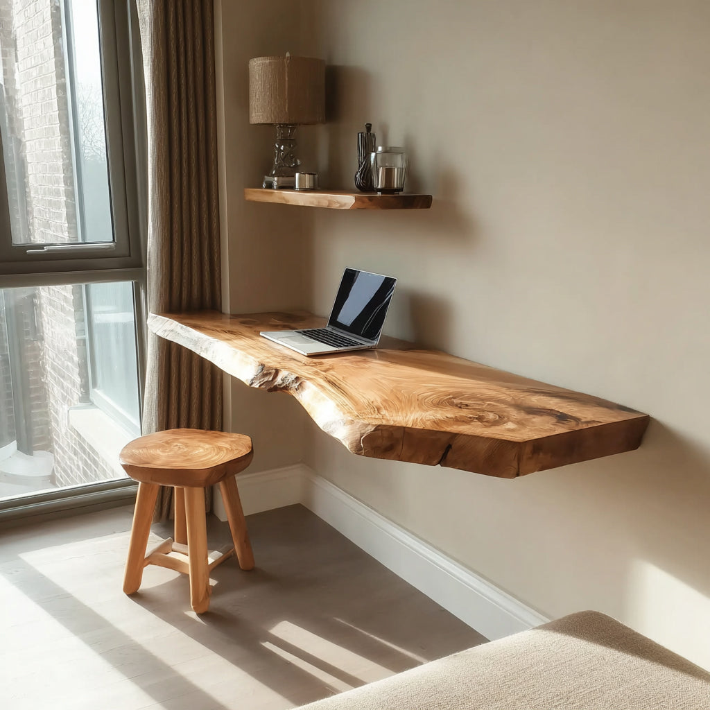 Handcrafted Floating Live Edge Wooden Desk – Solid Wood Wall-Mounted Home Office Desk