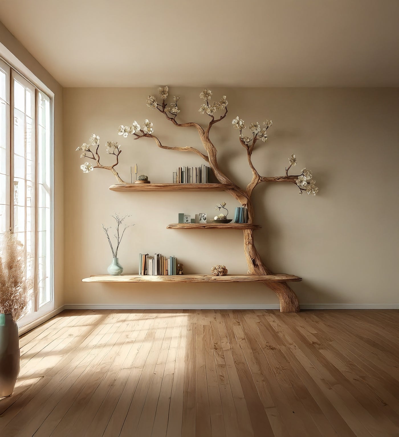 Solid Wood Tree Bookshelf – Artistic Tree Branch Bookcase, Rustic Modern Decor