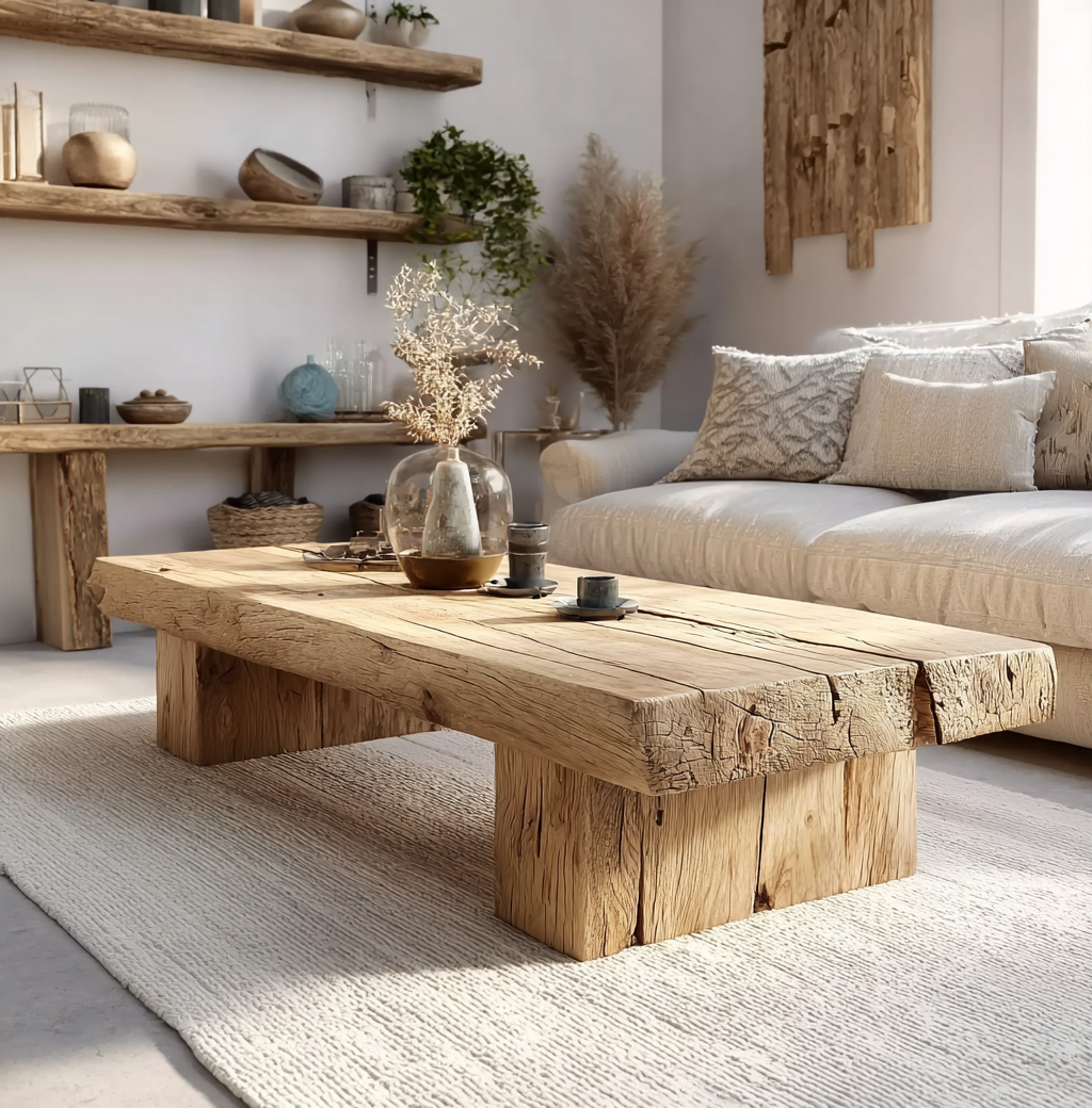 Rustic Handmade Wooden Coffee Table – Live Edge Solid Wood Trestle Farmhouse Rectangular End Table