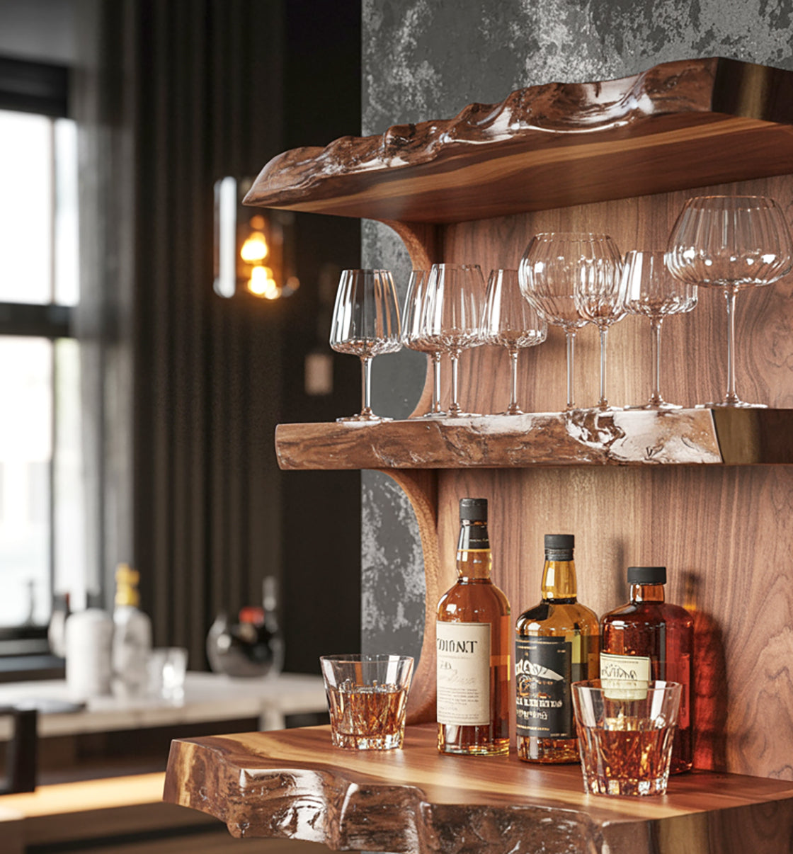 Handcrafted Floating Bar Shelf – Live Edge Wooden Wall Bar, Rustic Farmhouse Decor