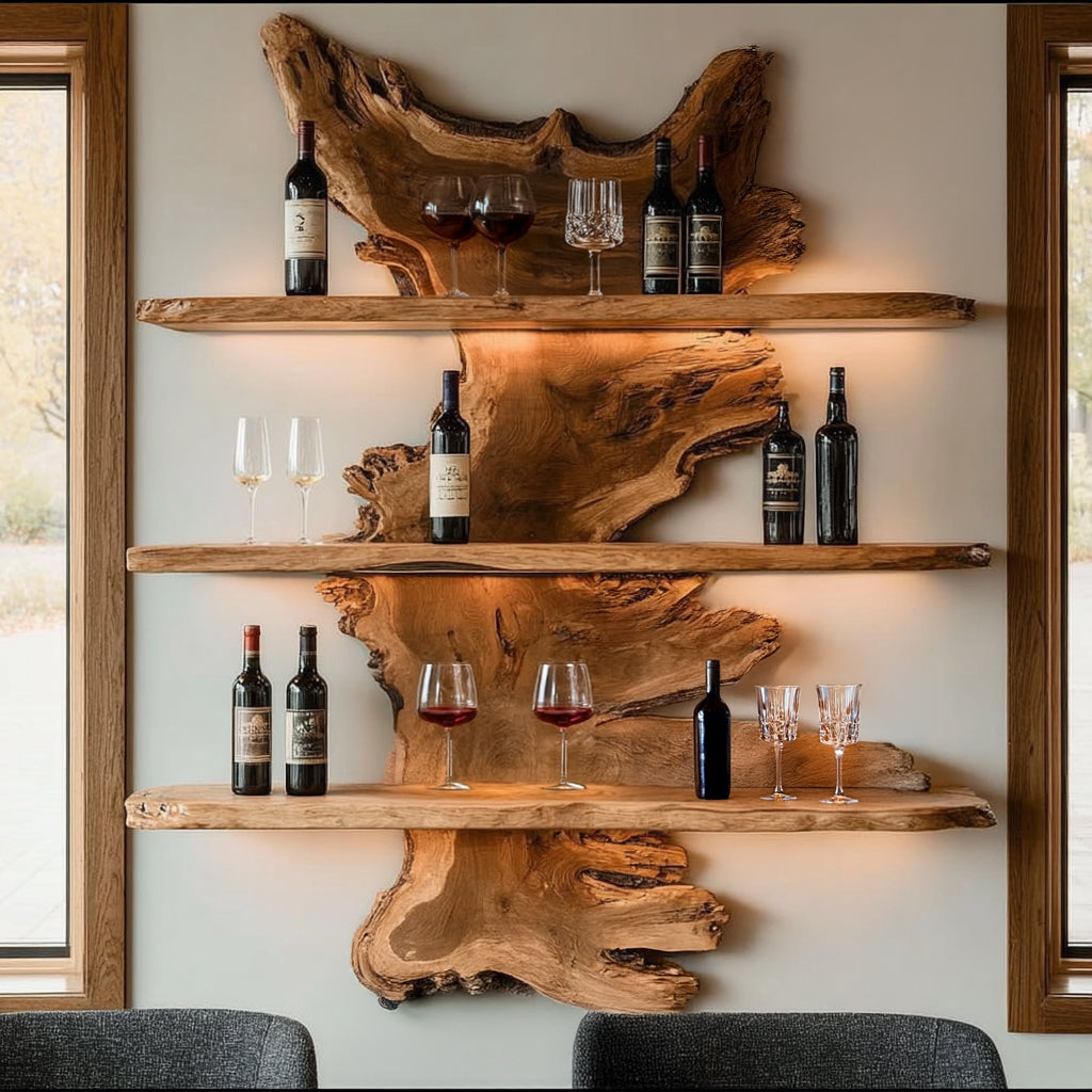 Live Edge Wood Bar Shelf, 3-Tier Floating Bar Shelves, Handmade Rustic Wall Bar Display Rack