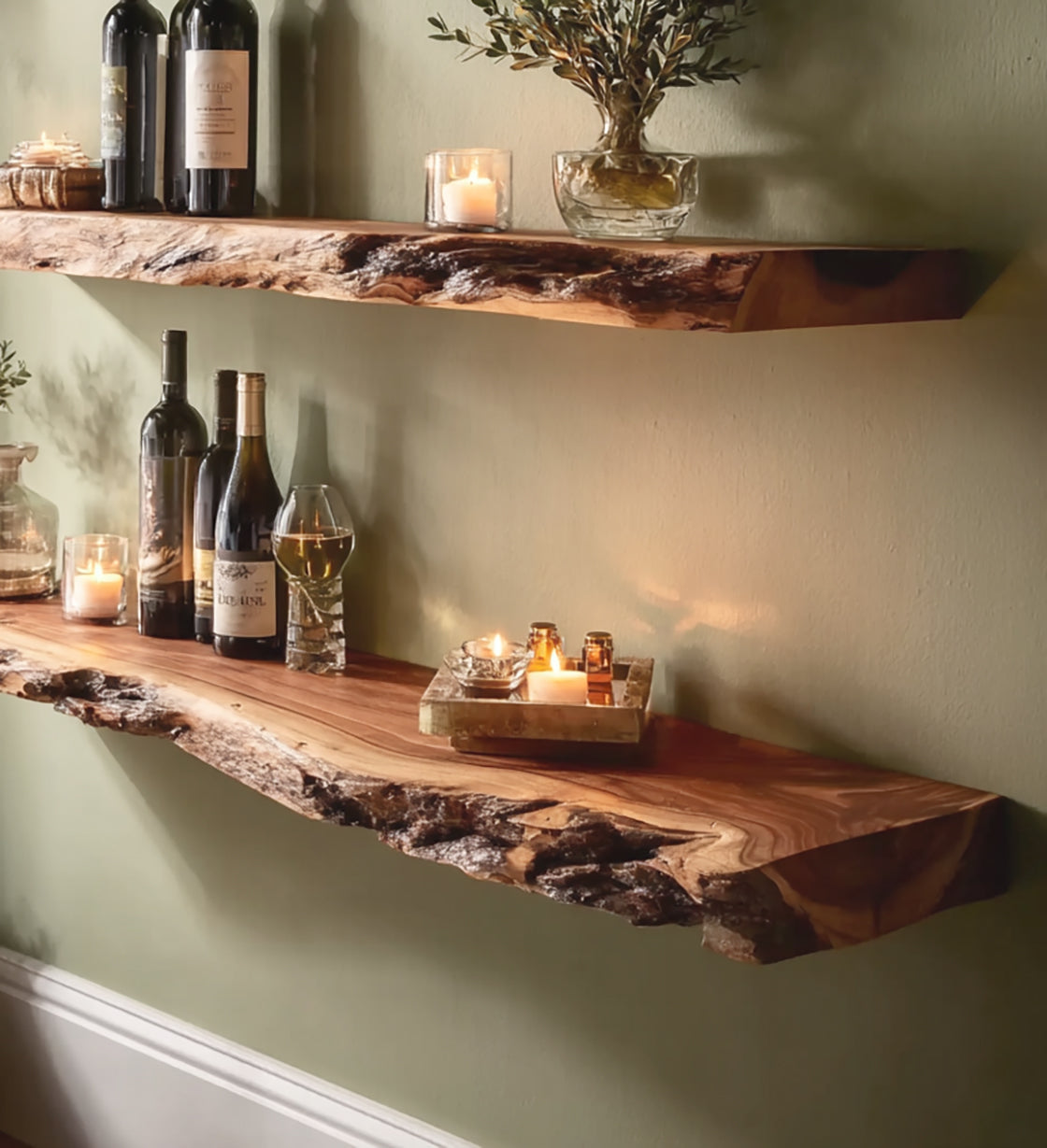 Handcrafted Live Edge Floating Bar Shelves – Rustic Solid Wood Wall Shelf for Kitchen or Bar