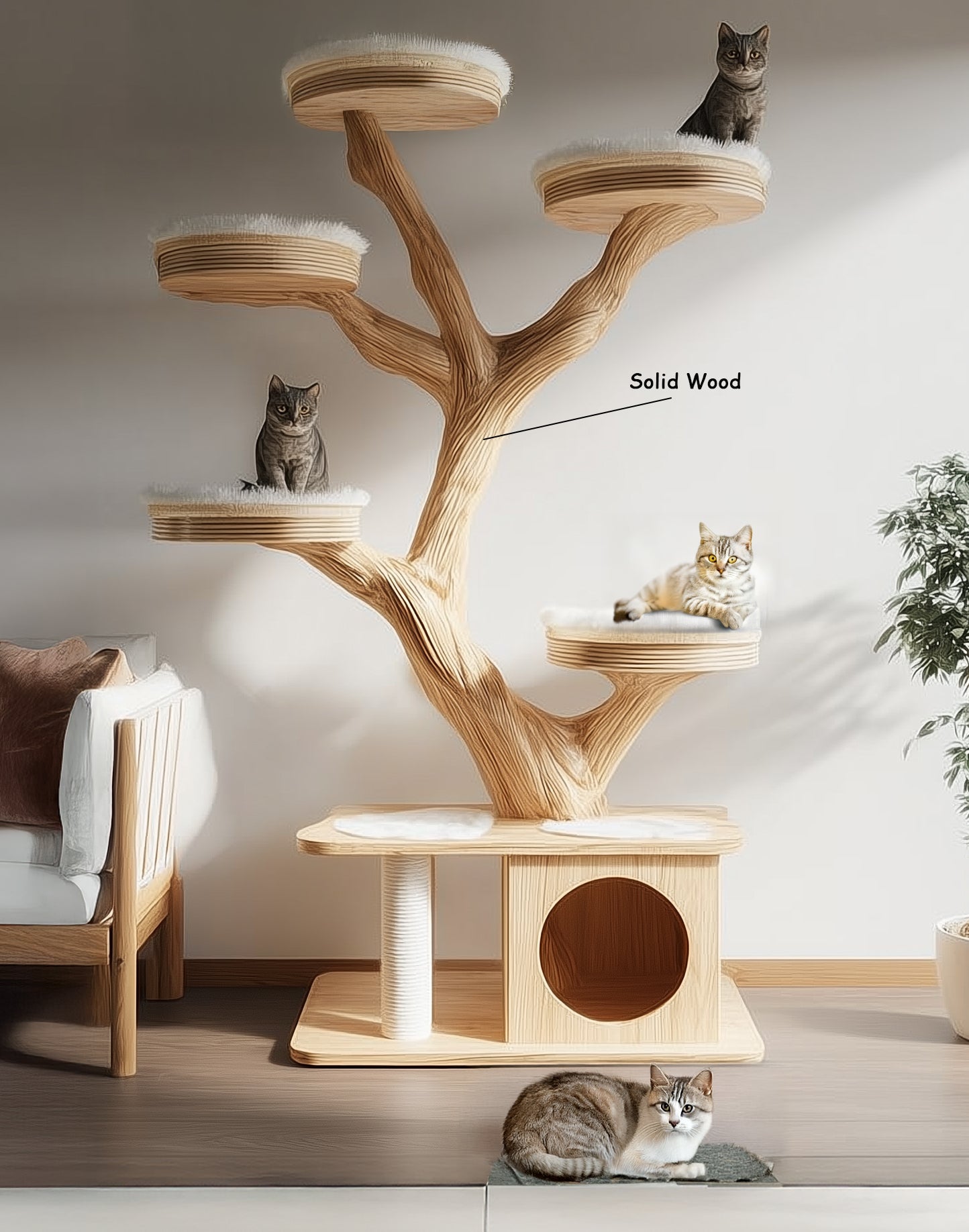 Rustic Wooden Cat Tree – Handmade Wall-Mount Climbing Tower Shelf, Unique Natural Cat Furniture
