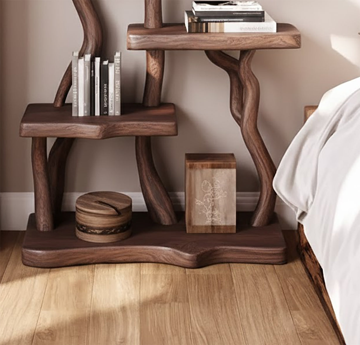 Natural Driftwood Bookcase Nightstand – Rustic Bedroom Furniture