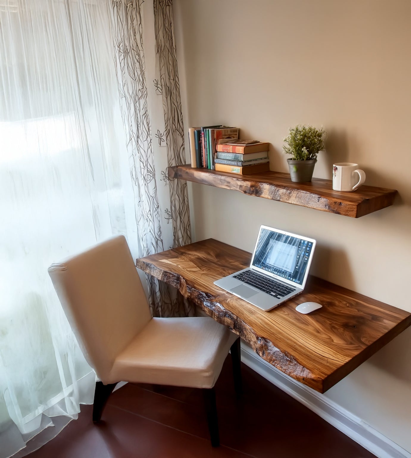 Handmade Floating Desk – Rustic Live Edge Shelf, Farmhouse Wall-Mounted Desk with Brackets