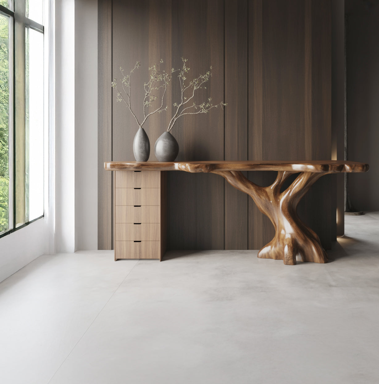 Live Edge Wood Desk with Tree Trunk Base – Handmade Solid Wood Office Table