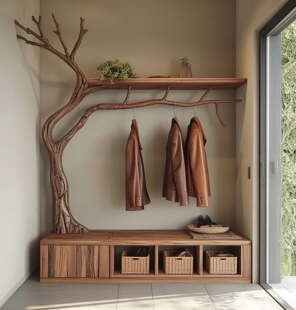 Rustic Wooden Cabinet With Tree Shaped Living And Bedroom