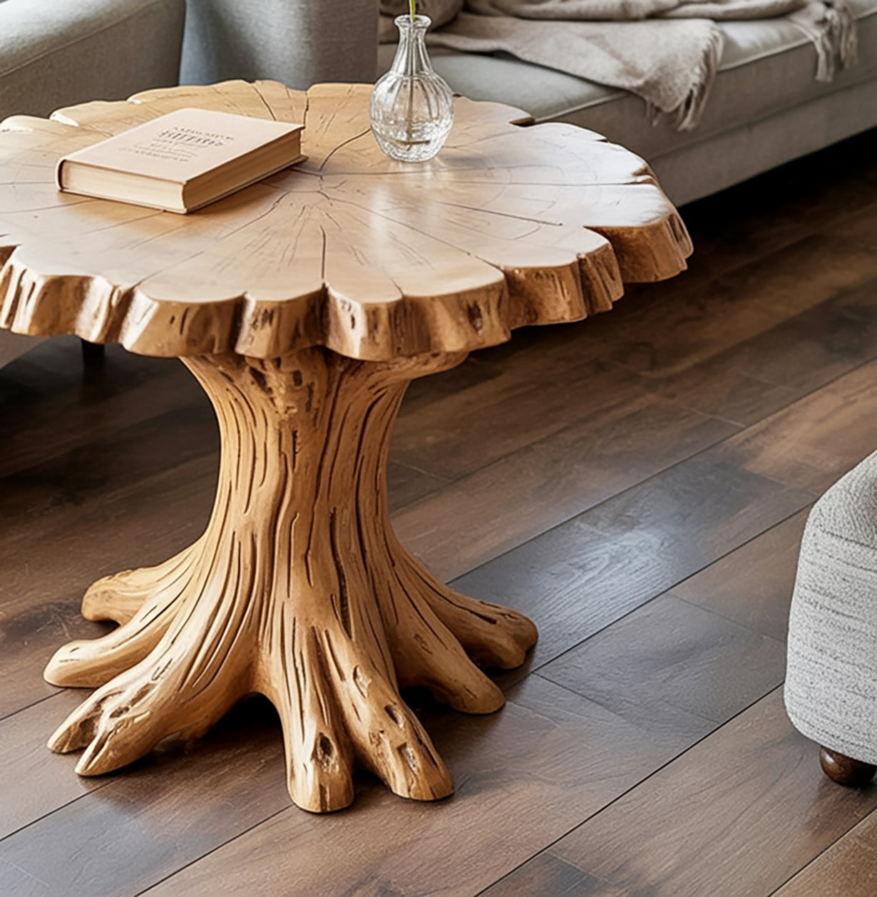 Solid Wood Round Coffee Table – Live Edge Tree Trunk Design