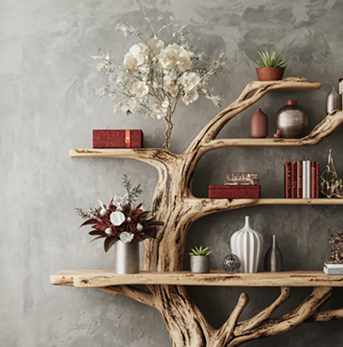 Handmade Rustic Wooden Tree Bookshelf – Solid Wood Wall Art