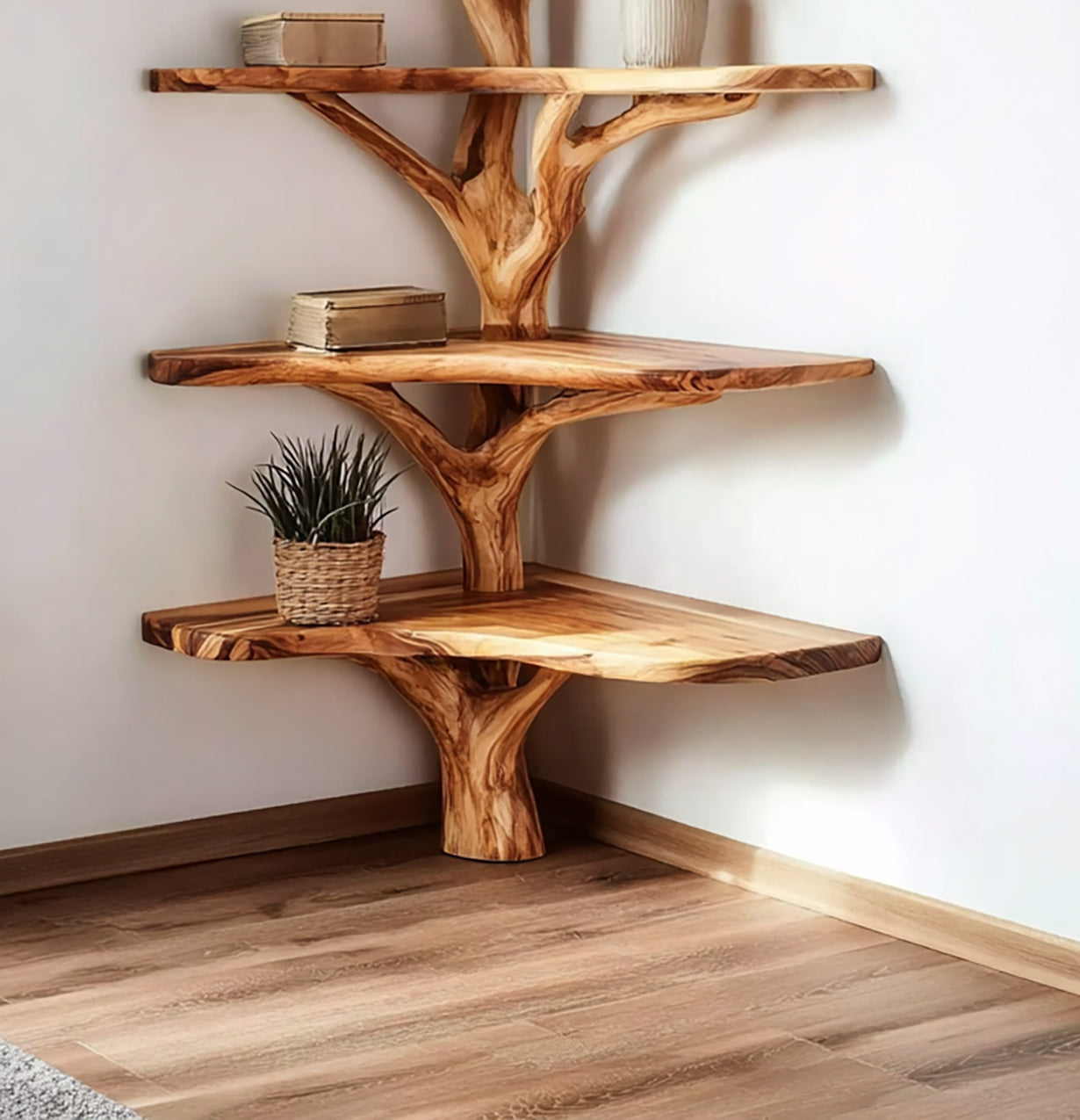 Rustic Tree-Inspired Corner Shelf – Handcrafted Branch Wood Furniture