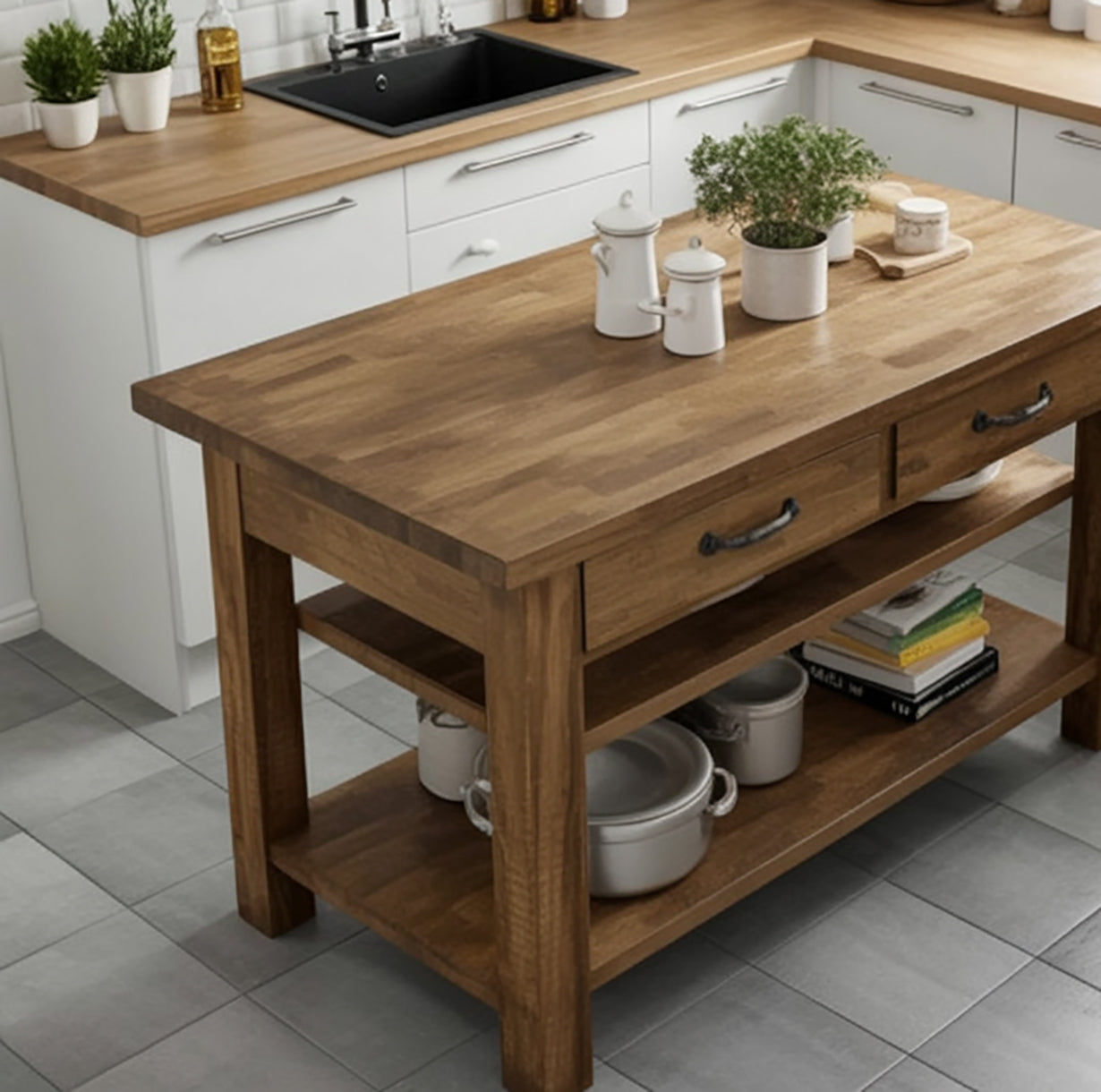 Handmade Reclaimed Chestnut Kitchen Island with Drawer & Double Shelf