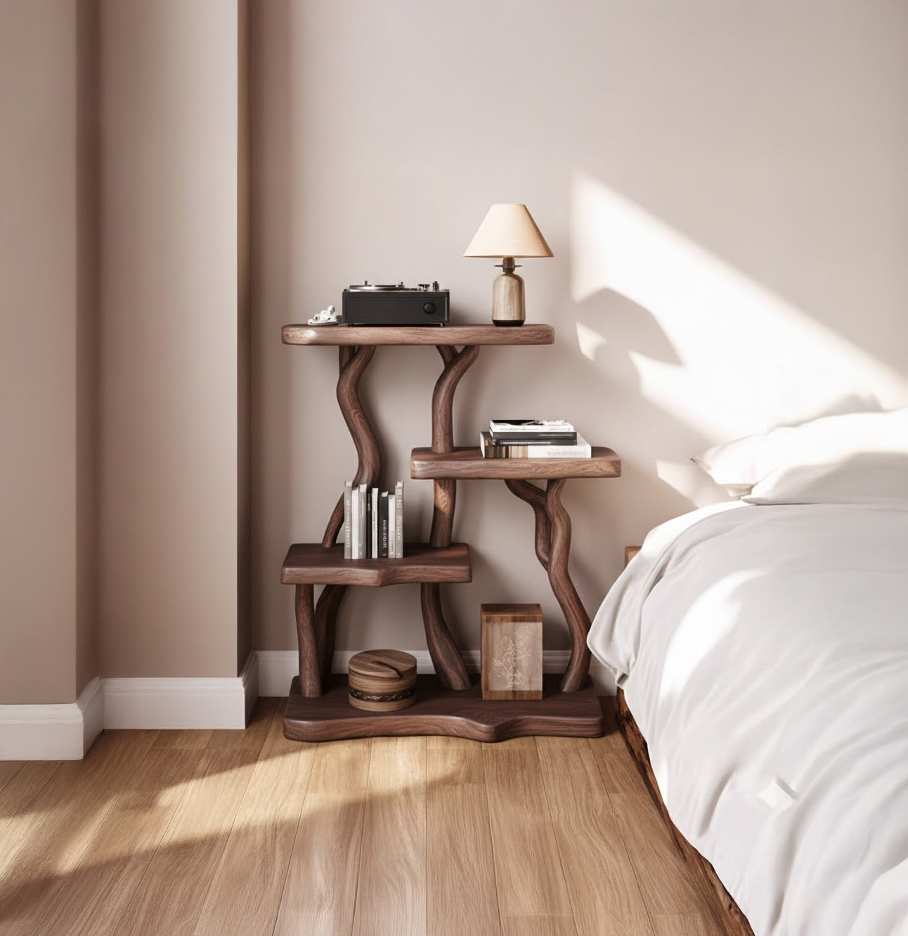 Natural Driftwood Bookcase Nightstand – Rustic Bedroom Furniture