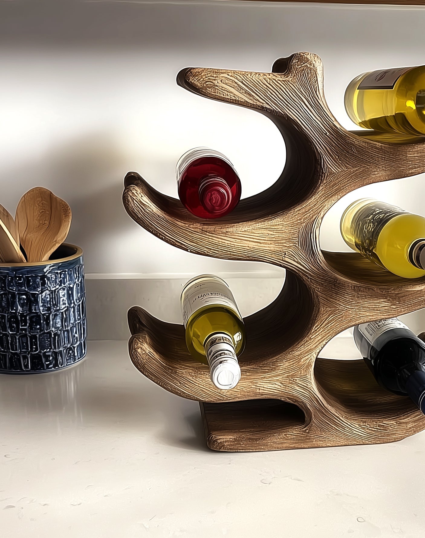 Tree Trunk Wine Rack – Handmade Solid Wood Wine Shelf with Glass Holder for Home Decor