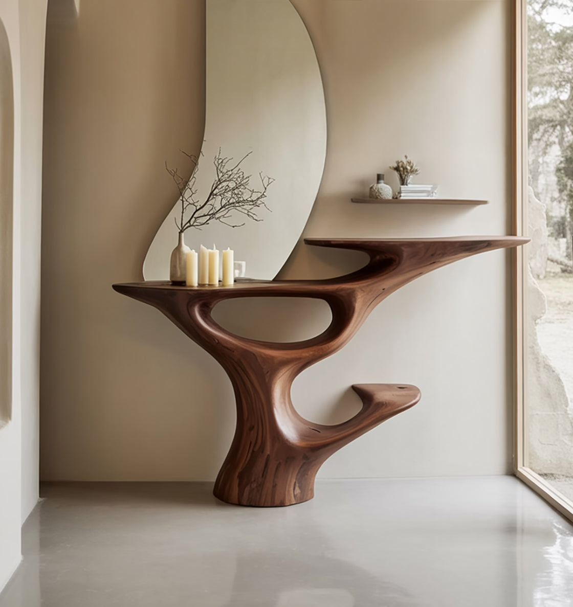 Handcrafted Sculptural Wood Console Table – Contemporary Curved Natural Wood Design