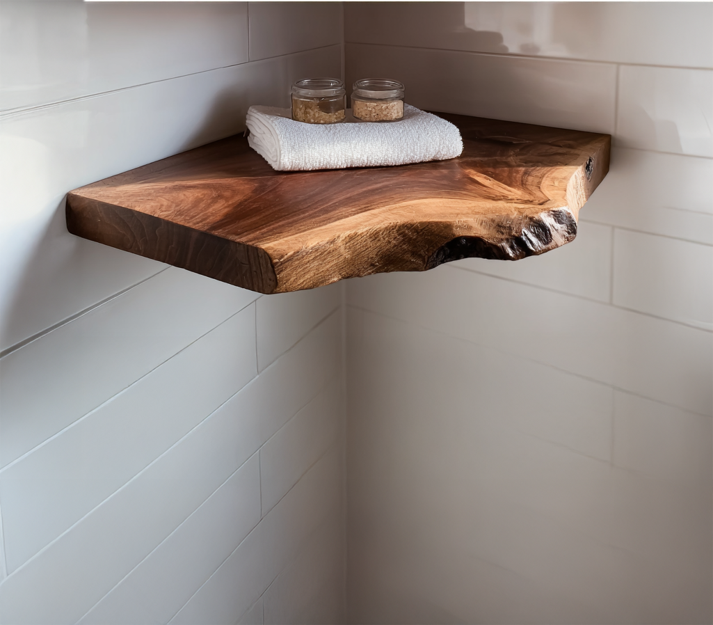 Corner Live Edge Wooden Floating Shelf – Rustic Walnut Christmas Décor & Gift