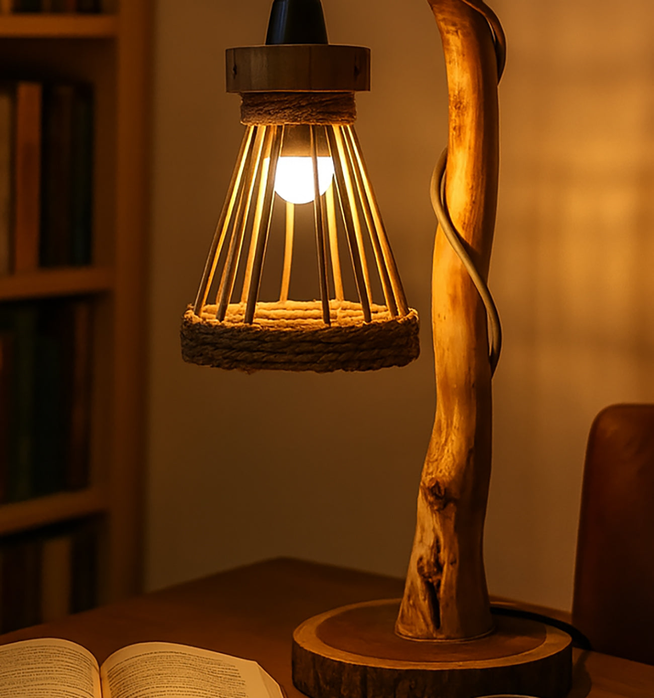 Rustic Driftwood Floor Lamp – Tree Branch Standing Light with Rattan Lampshade, Natural Wooden Lighting