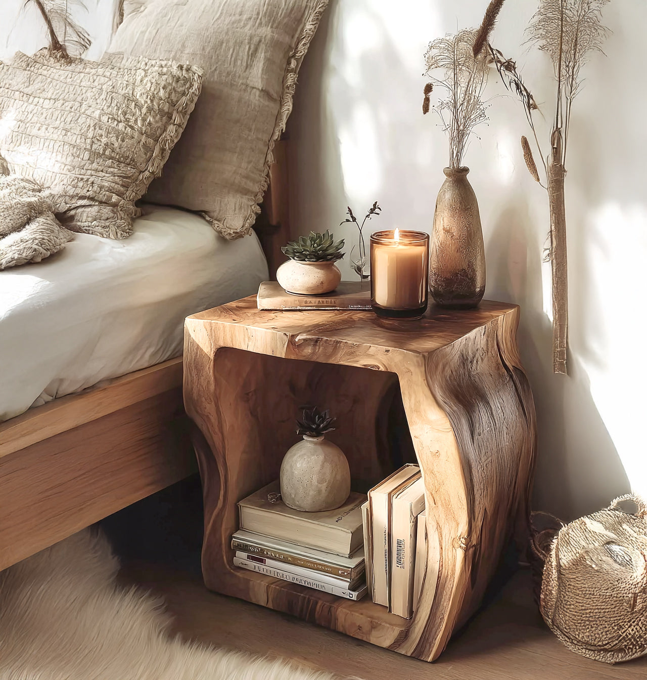 Live Edge Wooden Nightstand – Handmade Solid Wood Bedside Table with Shelf