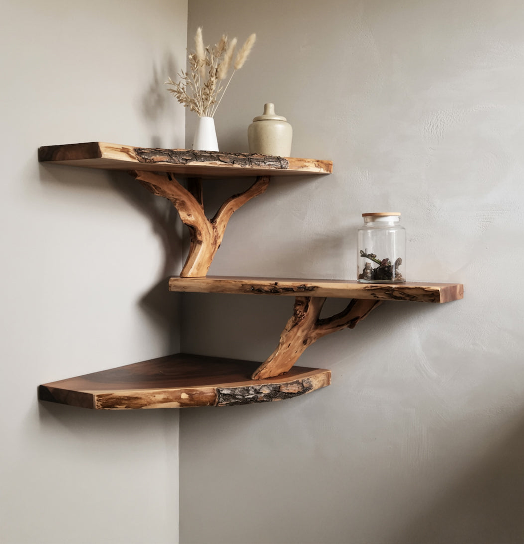 Driftwood Corner Wall Shelf – Natural Solid Wood Floating Bookshelf