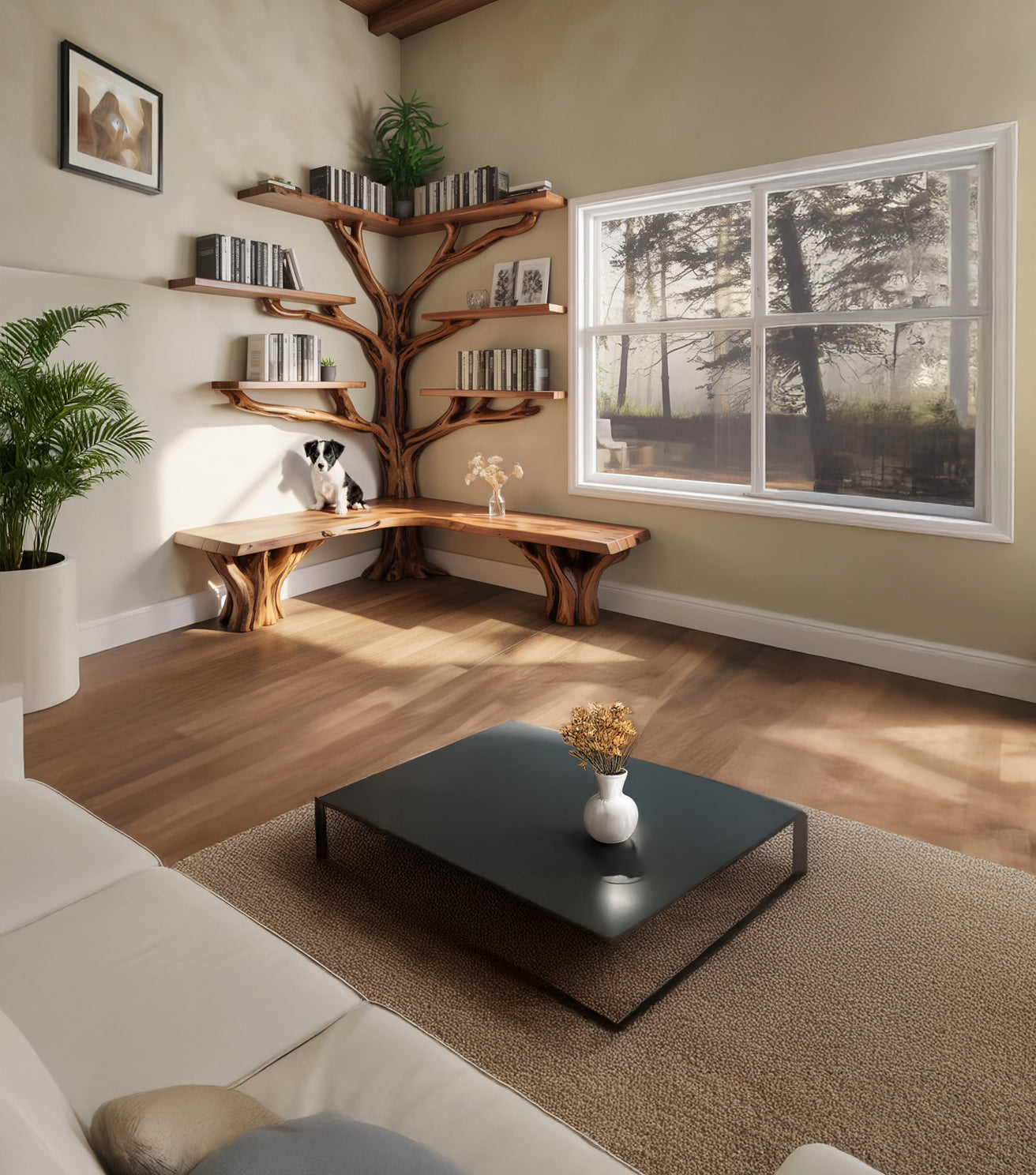 Corner Tree Bookshelf - Rustic Live Edge Solid Wood Bookcase for Kids, Handmade Natural Decor