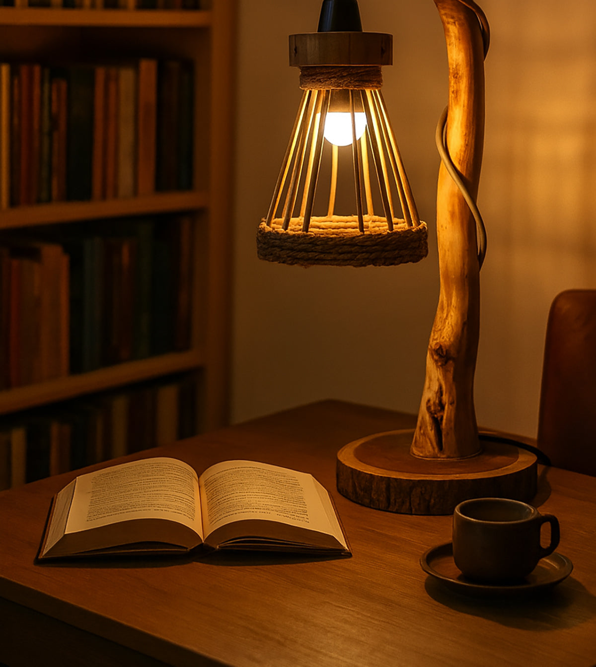 Rustic Driftwood Floor Lamp – Tree Branch Standing Light with Rattan Lampshade, Natural Wooden Lighting