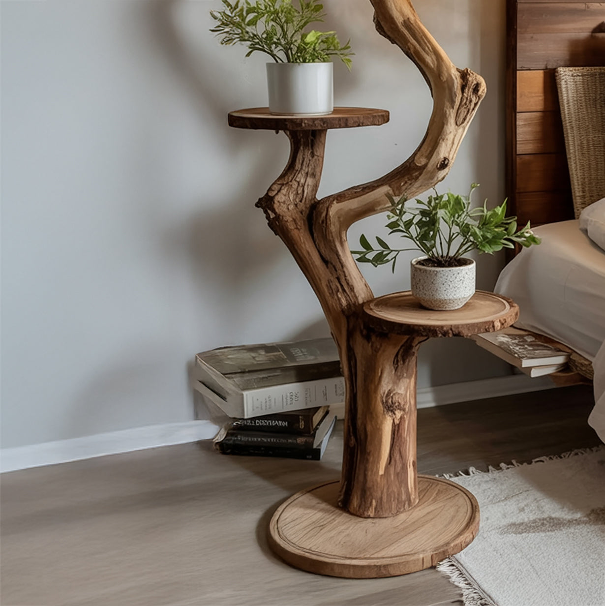 Rustic Driftwood Floor Lamp with Shelves – Handmade Wooden Standing Light