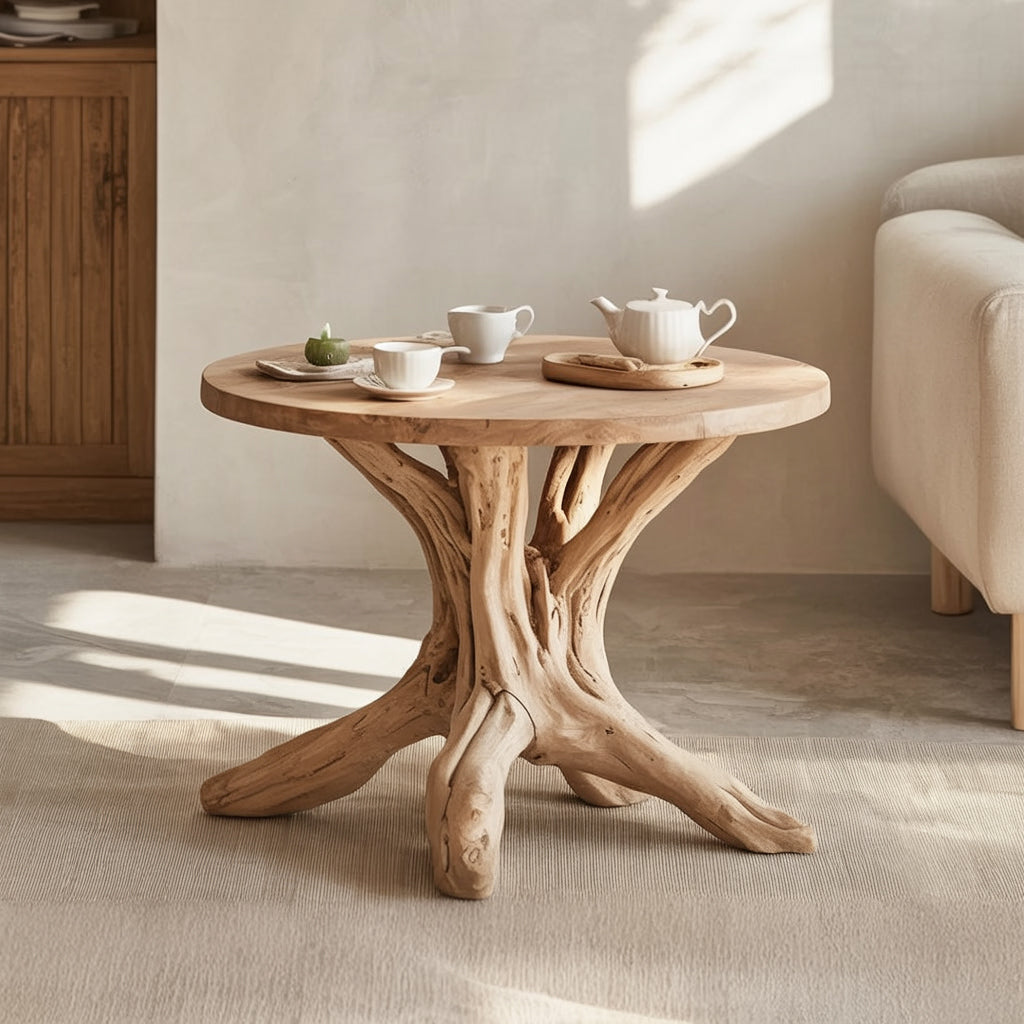 Handcrafted Solid Wood Round End Table – Sculptural Tree Root Base Living Room Table