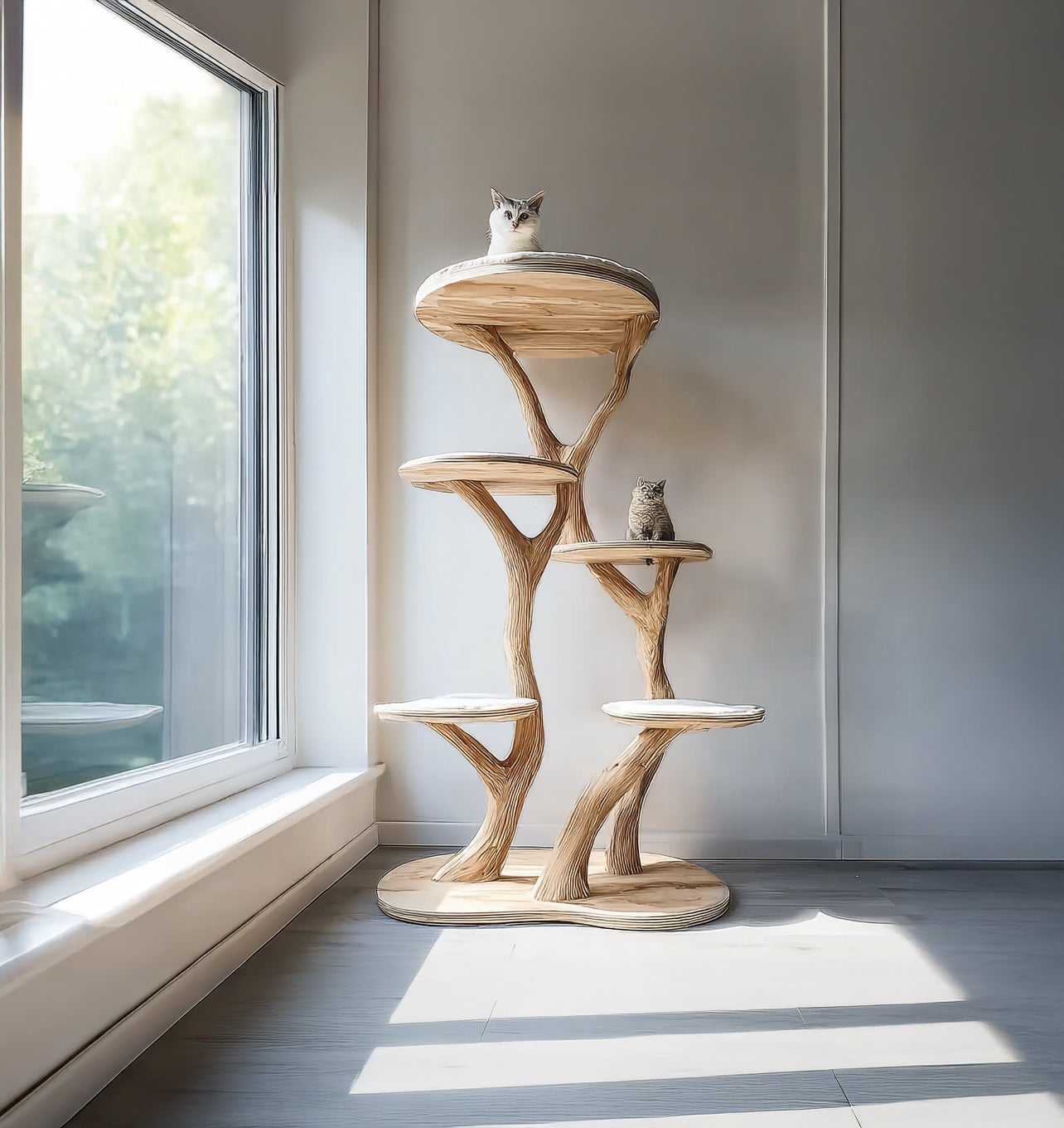 Handcrafted Wooden Cat Tree Tower with Organic Branch Design – Modern Cat Furniture