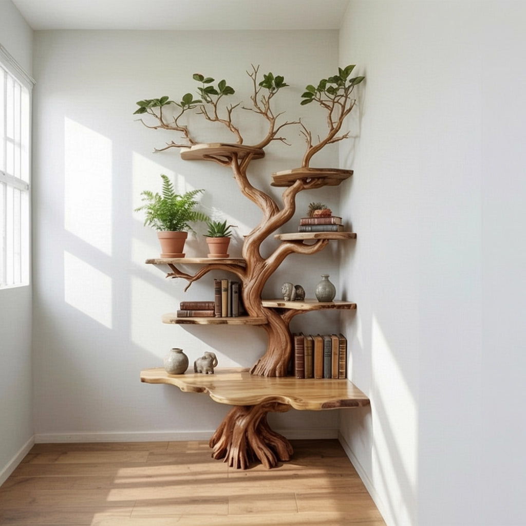 Tree Branch Corner Bookshelf – Solid Wood Wall Decor Art