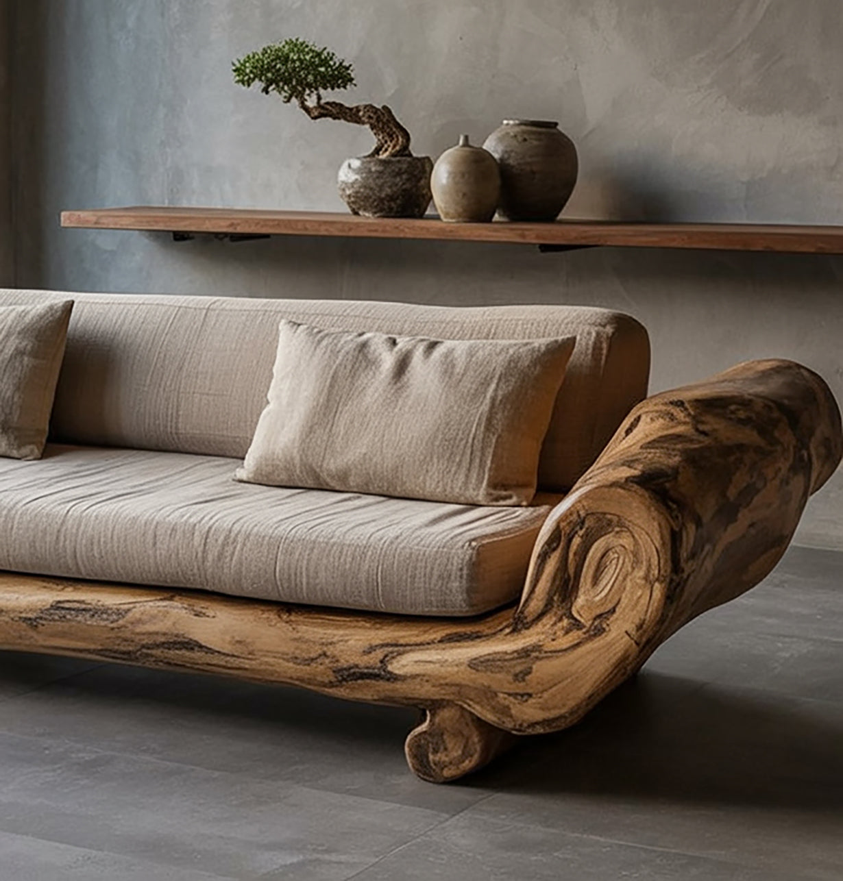 Handmade Solid Wood Sofa – Rustic Japanese Minimalist Floor Couch for Living Room