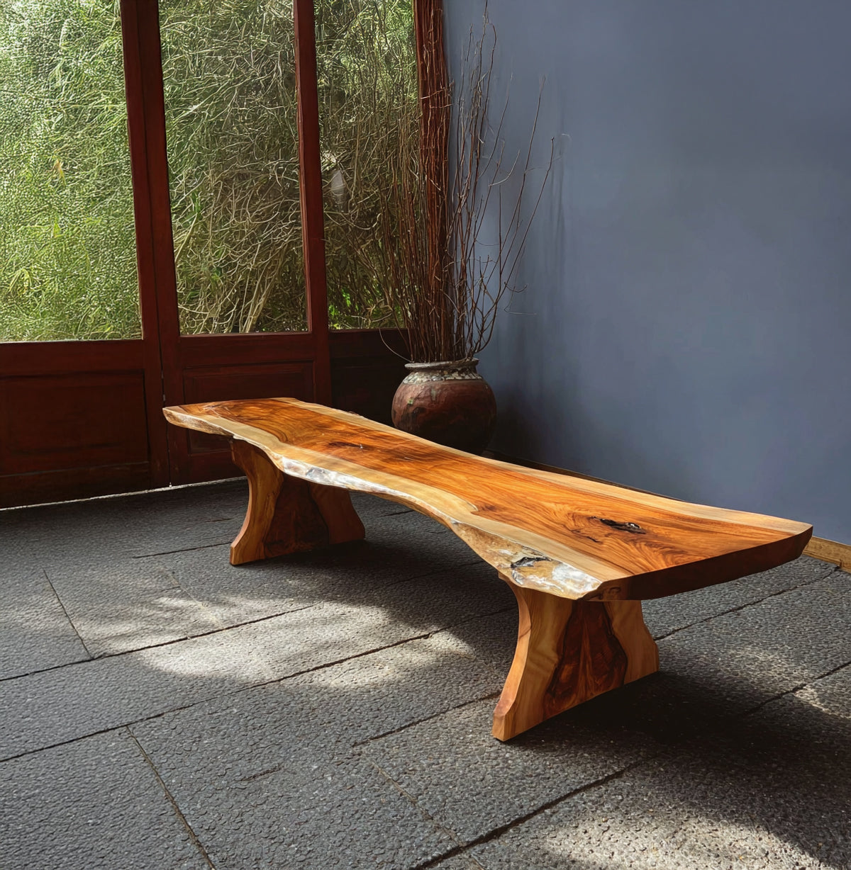 Handcrafted Modern Wooden Bench– Sculptural Live Edge Design for Indoor or Outdoor Spaces